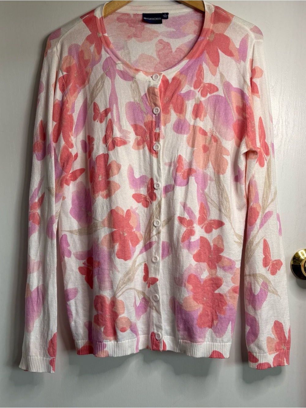 Northcrest Sz L Butterfly Floral Knit Button-Front Cotton Cardigan Preppy Fairy